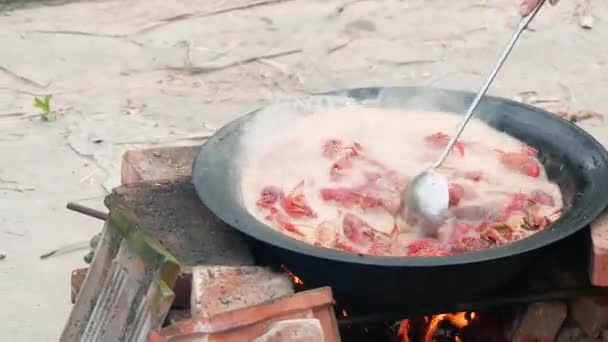 厨师在锅里煮辣虾仁小龙虾 中国食物甲壳类动物红螃蟹 — 图库视频影像