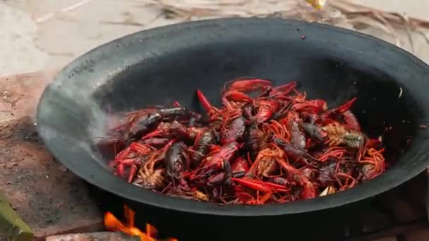 Chef Cuisinier Écrevisses Épicées Écrevisses Dans Wok Nourriture Crustacés Alimentaires — Video