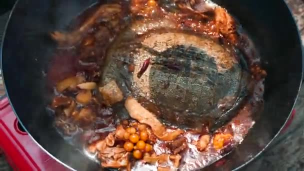 专业厨师在中国传统烹饪的沃克上烹制美味的烤海龟 — 图库视频影像