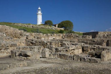 Paphos Arkeolojik Sitesi ve Deniz feneri, Kato Pafos, Cyprus. 2 Nisan 2019