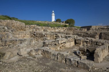 Paphos Arkeolojik Sitesi ve Deniz feneri, Kato Pafos, Cyprus. 2 Nisan 2019