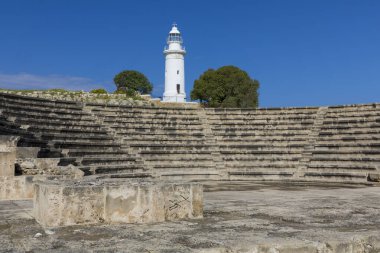 Paphos Arkeolojik Sitesi ve Deniz feneri, Kato Pafos, Cyprus. 2 Nisan 2019