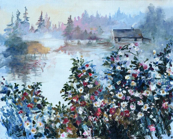 oil painting summer cold river landscape with flowers, village, house. Volumetric painting.