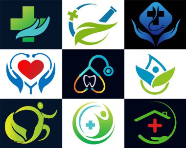 Yaratıcı sağlık kliniği logosu. Tıbbi yaprak doğal logosu.