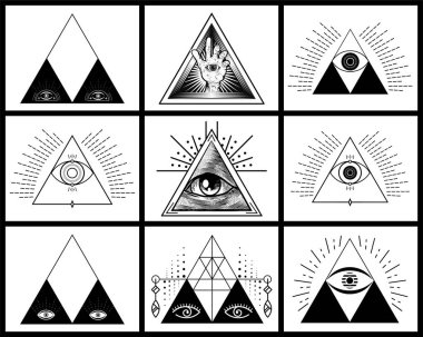 Hepsi Delta Üçgeni 'nde. Piramit ve masonluk simgesi. Üçgen piramidin içindeki tüm gözler.