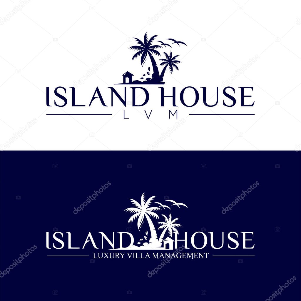 Vector house and palm tree logo. Beach house logo design.