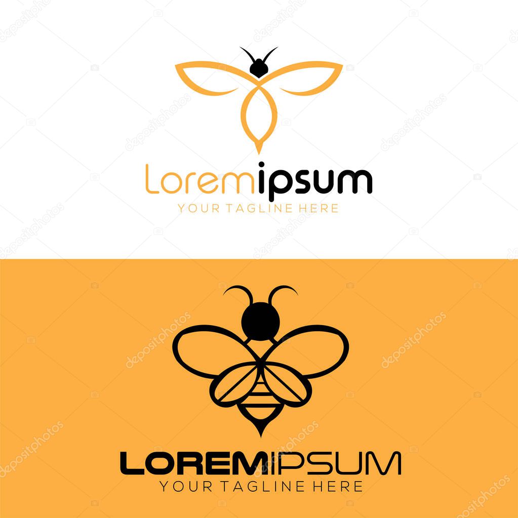 Bee logo line art vector in black color vintage illustration design. Honey bee icon graphic abstract template.