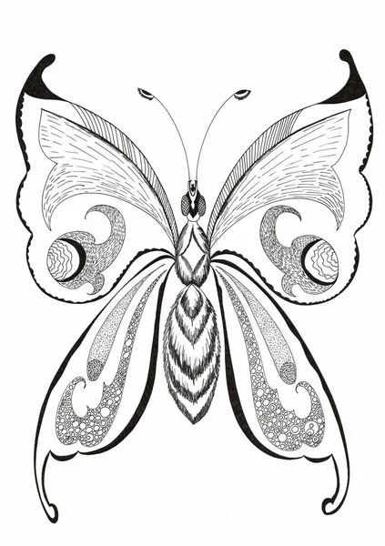 Main Dessinée Encre Noire Papillon Stylisé Sur Fond Blanc — Photo