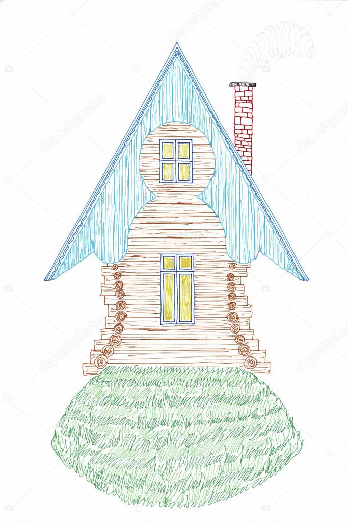 Magical little wooden house hand drawn with markers on a white background.