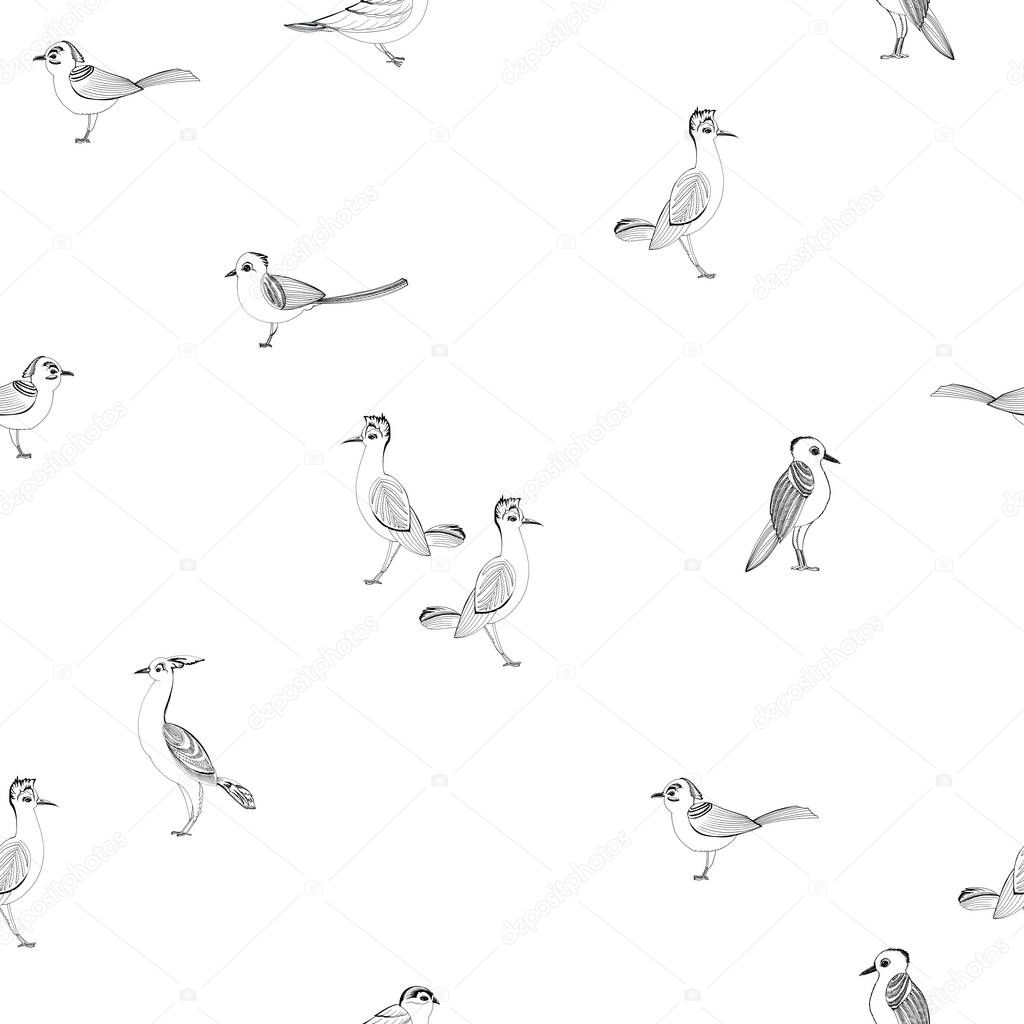 Hand drawn black ink birds on a white background seamless pattern.