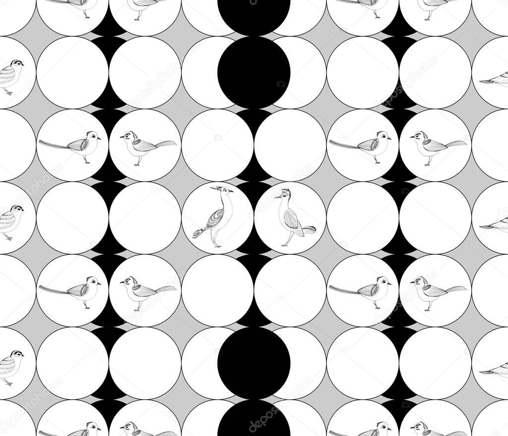Geometric circles monochrome ornament with hands painted birds.