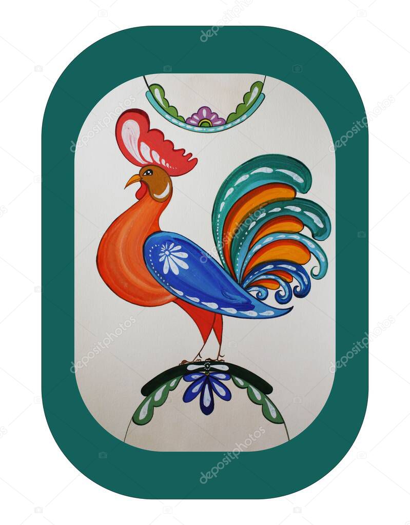 Rooster country style decorative composition hand drawing with gouache paints.