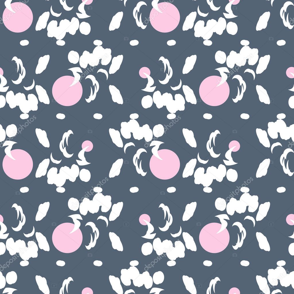Seamless pattern pink polka dot and white spots on a grey background.