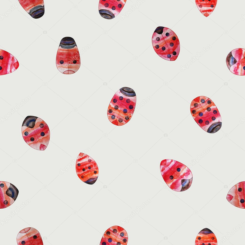 Seamless pattern ladybugs watercolor hand drawn sketches on a grey background. 