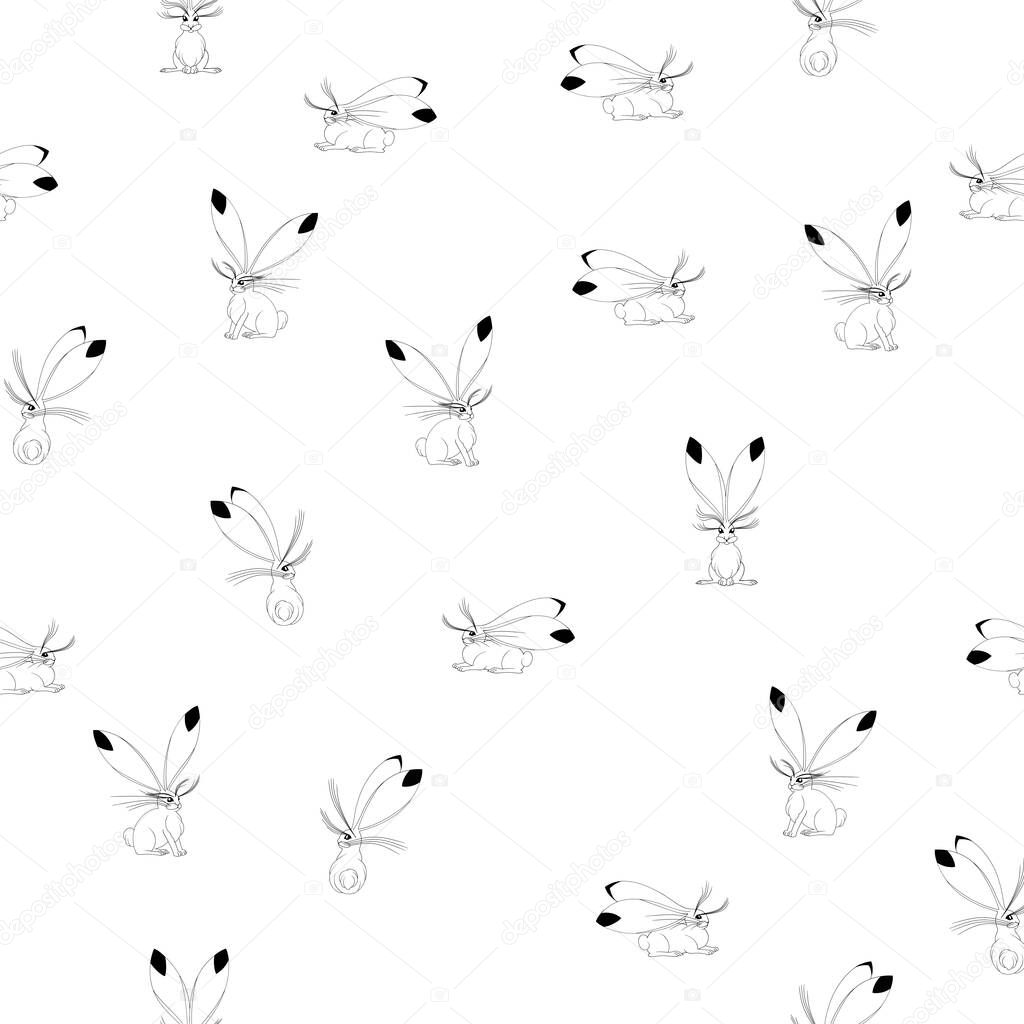 Seamless monochrome pattern with hands drawn kind hares.