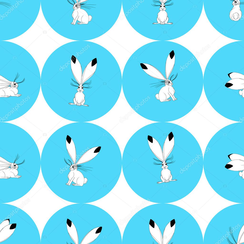 Blue polka dot seamless pattern with hands drawn rabbits.