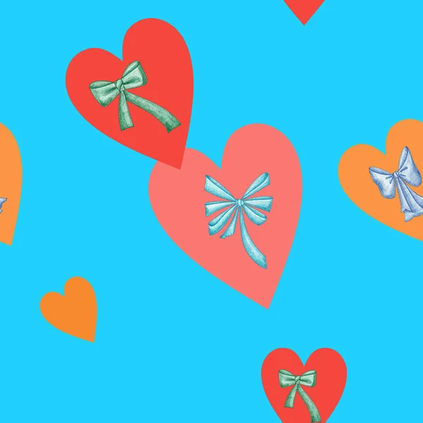 Μπλε Ρομαντικό Μοτίβο Χωρίς Ραφή Καρδιές Και Τόξα — Φωτογραφία Αρχείου