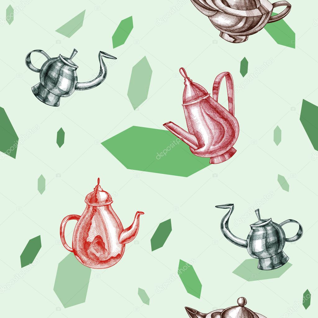 Seamless pattern green classic kettles composition.