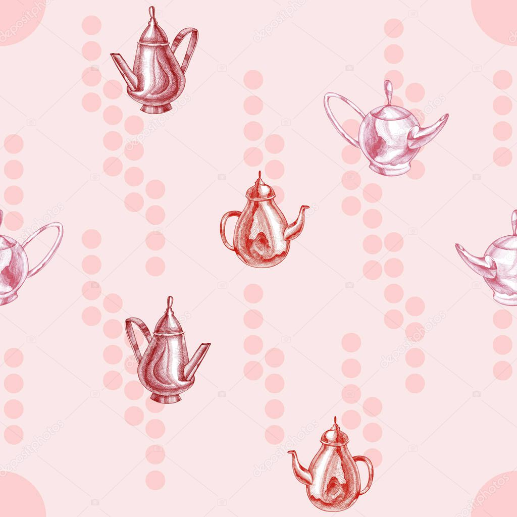 Seamless pattern pink classic kettles composition.