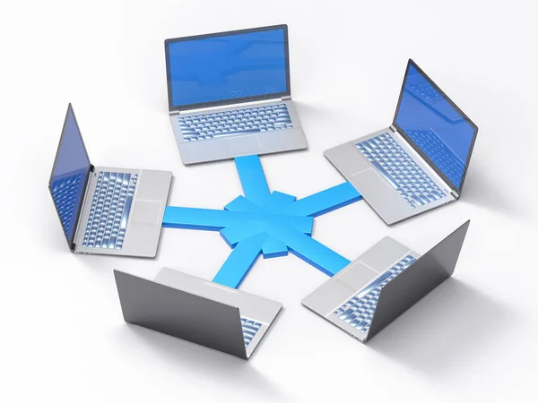 3D geïsoleerd netwerk Lan Data Laptops. Informatie Teamwork Conce — Stockfoto