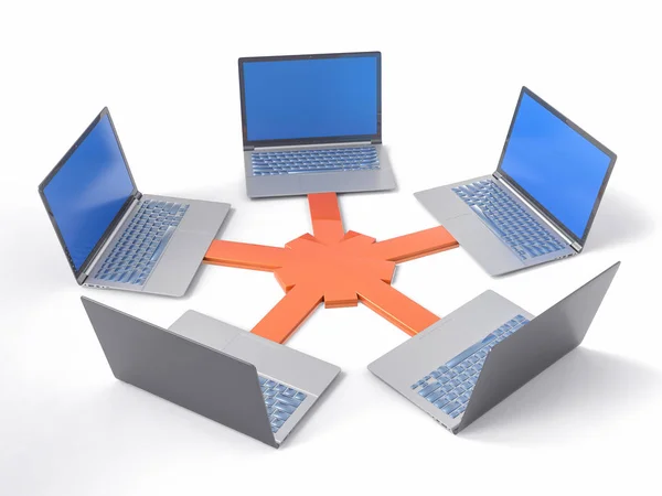 3D isolierte Netzwerk-LAN-Daten-Laptops. Informations- und Teamarbeit — Stockfoto