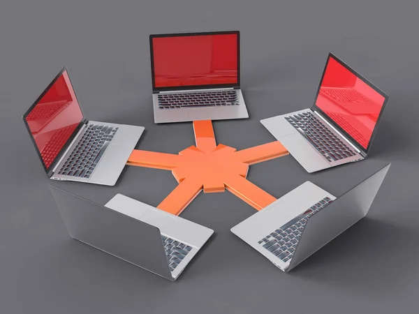 3D geïsoleerd netwerk Lan Data Laptops. Informatie Teamwork Conce — Stockfoto