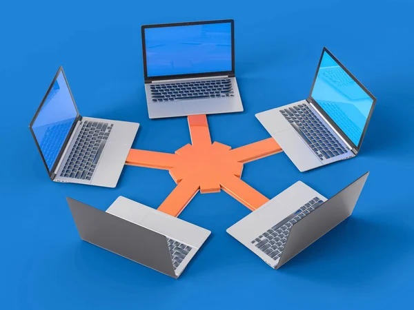 3D Isolated Network LAN Data Laptops. Information Teamwork Conce — Stock Photo, Image