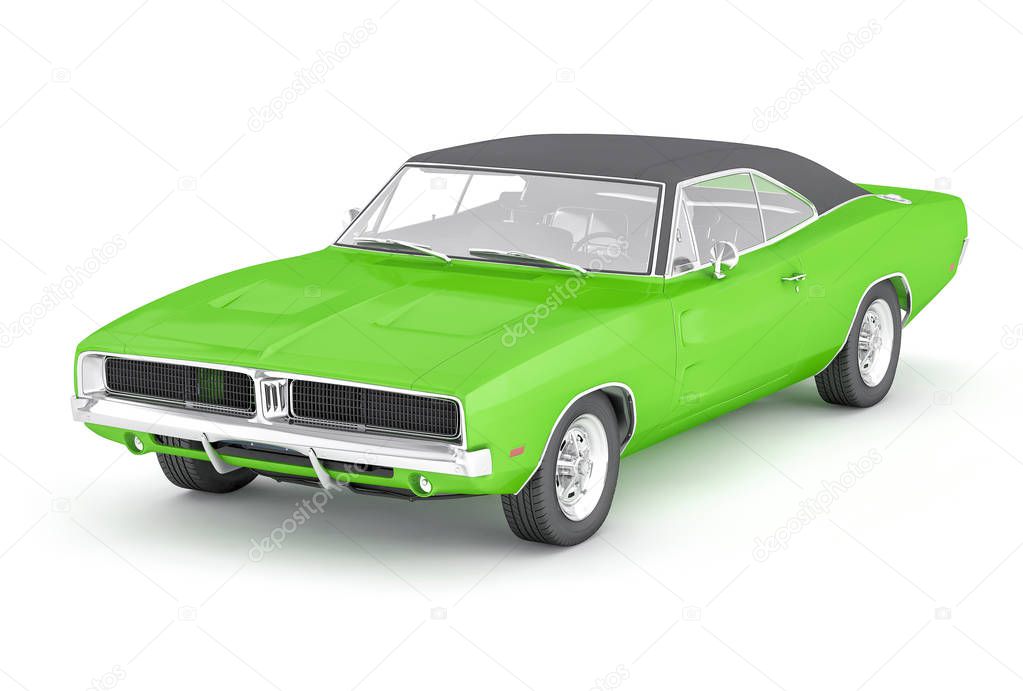 3D Isolated Green Muscle Car. 1970s American Vintage.