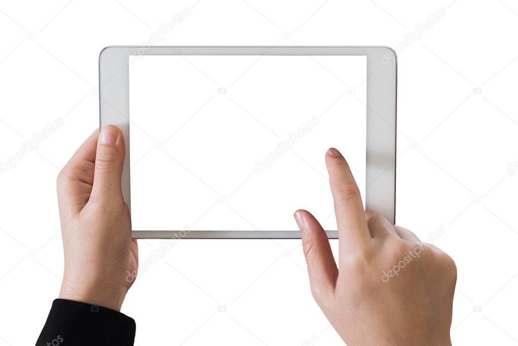Hand girl using tablet isolated white clipping path inside
