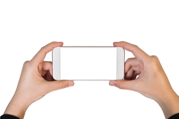 Dos manos sosteniendo el teléfono inteligente de pantalla grande —  Fotos de Stock