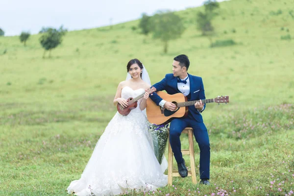 Älskaren Spelar Gitarr Och Ukulele Grönt Berg Bakgrund — Stockfoto