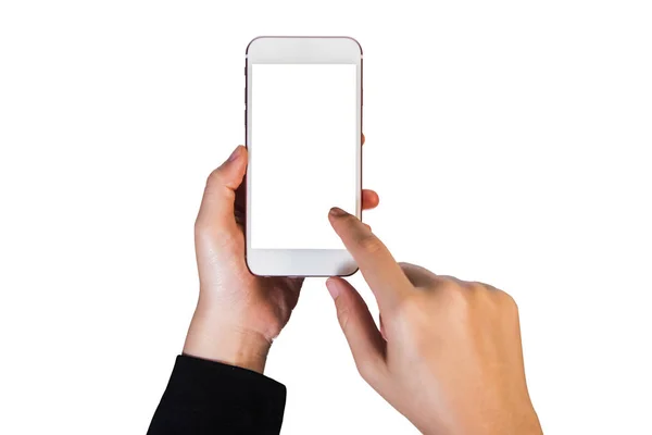 Dos manos que sostienen el teléfono inteligente de pantalla grande en el fondo aislado —  Fotos de Stock