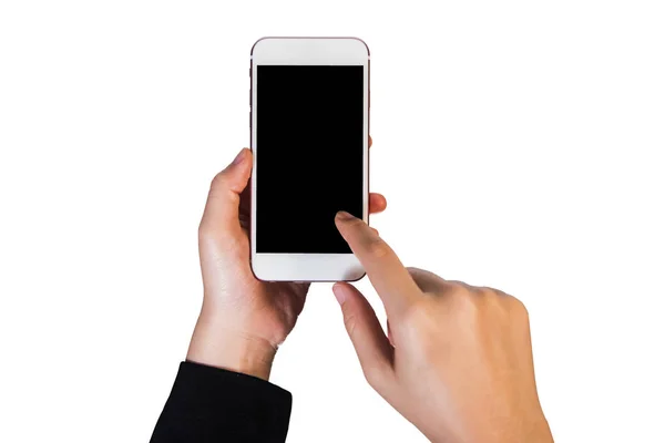 Dos manos que sostienen el teléfono inteligente de pantalla grande en el fondo aislado —  Fotos de Stock