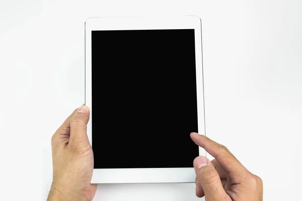 Man hand holding ipad isolated on white background — Stock Photo, Image