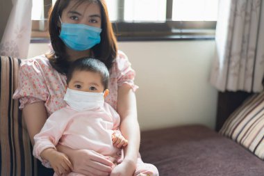 Cerrahi maske takan anne ve kızı evde kalıyor. Covid-19 koronavirüs konsepti