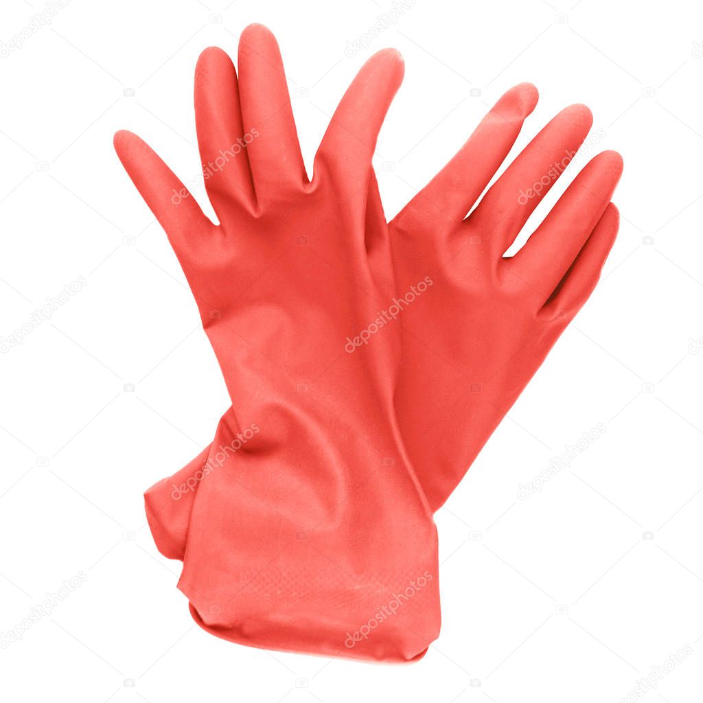 Pair of red rubber cleaning gloves isolated on a white background