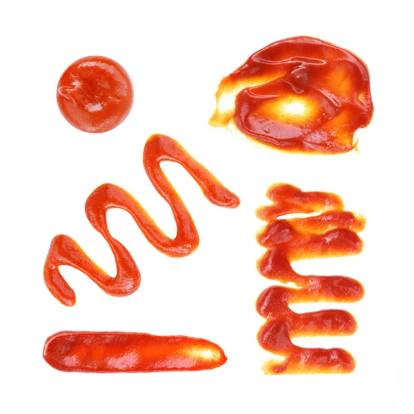 Tomaten fügen isolierte Nahaufnahmen hinzu. Ketchup isoliert auf weißem Hintergrund. die Kollektion, Set. — Stockfoto