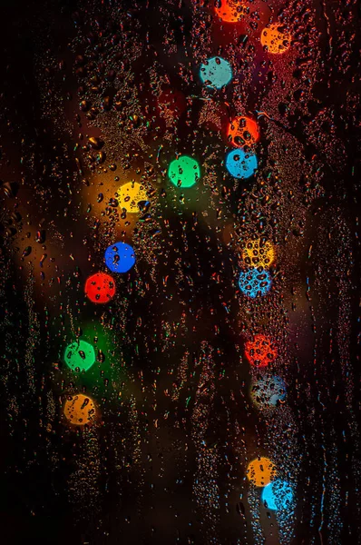 Blurred Colored Lights Wet Glass — Stock Photo, Image