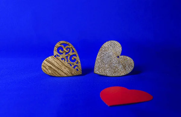 Two Hearts Made Wood One Red Heart Blue Background — Stock Photo, Image