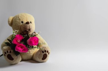 Beyaz arka planda suni pembe güllerle dolu bir oyuncak ayı.