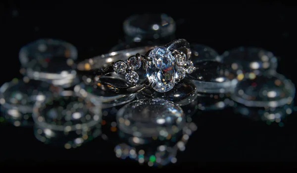 Silver Engagement Ring Black Background — Stock Photo, Image