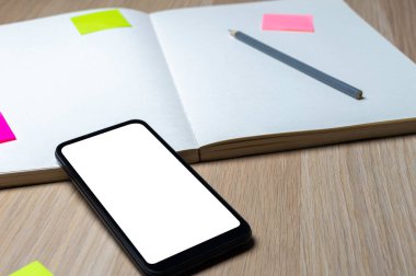 masaüstü modeli Notepad, akıllı telefon, çıkartmalar, kalem ve silgi