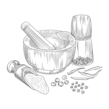 Kabuklu havanda biber var. Allspice, karabiber ve kırmızı biber. Biber kutusu, havan topu, tokmak.