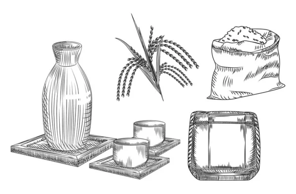 Conjunto de razones. Bebida tradicional japonesa de arroz. Colección de jarrón y taza de cerámica, bolso de tallo y arroz, barril de sake.. — Vector de stock