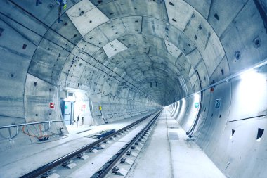 Construction of new railway tunnel with an emergency exit. Ejpovicke tunely/Ejpovice tunnels. Modern technology concept