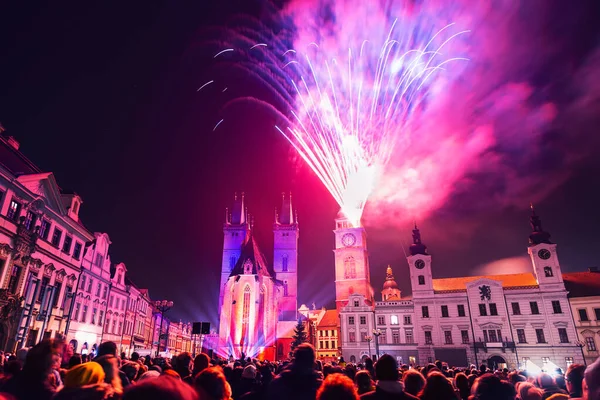 Nový Rok Ohňostroj Historickém Centru Hradce Králové Česká Republika — Stock fotografie
