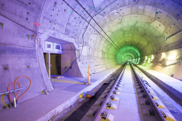 Binnenkant Van Spoorwegtunnel Verlicht Door Kleur Lichten Ejpovice Tunnel Aanleg — Stockfoto