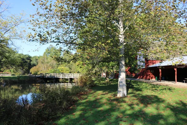Pont Sur Ruisseau Dans Une Ferme Boisée Une Grange Rouge — Photo