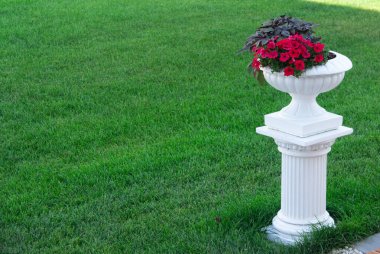 Yeşil çimenlikteki çiçekli kolon