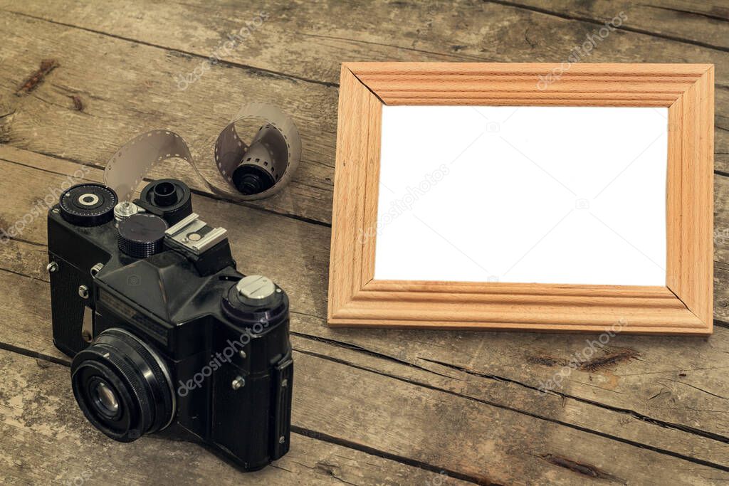 Old photographic equipment, can be used as a background, web banner with space for text